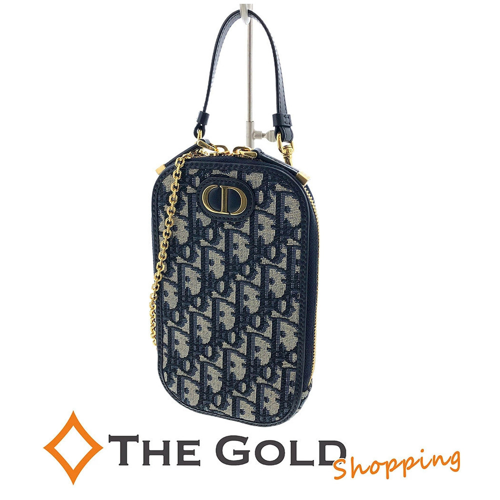 Christian Dior Oblique Jacquard Montaigne Crossbody Bag Canvas Leather Navy Blue